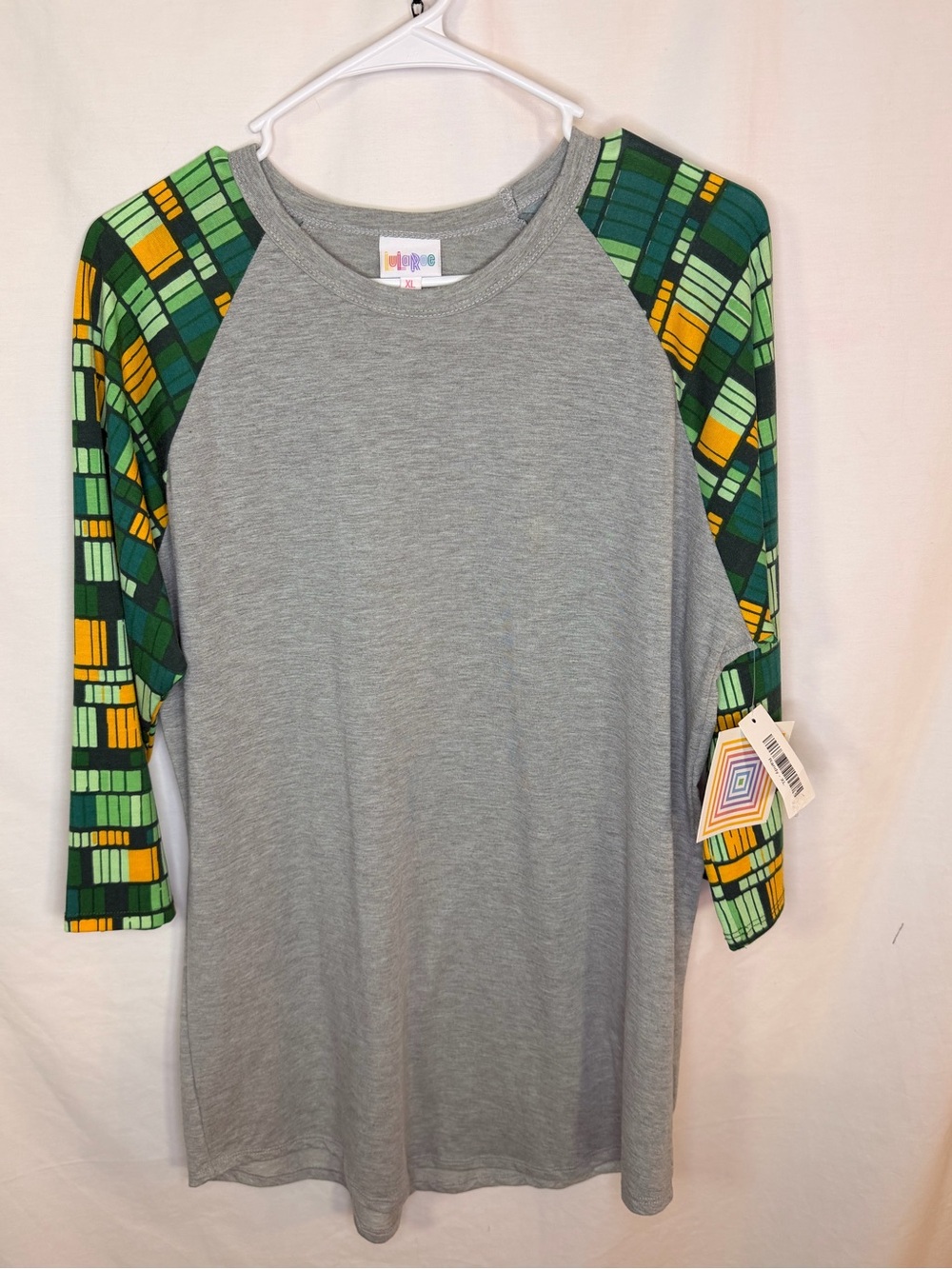 LuLaRoe Gray Tunic with Green & Yellow Geometric 3/4 Sleeves